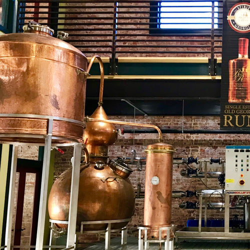 Copper pot stills are the center piece of the spectacular rum distillery in Brunswick , GA