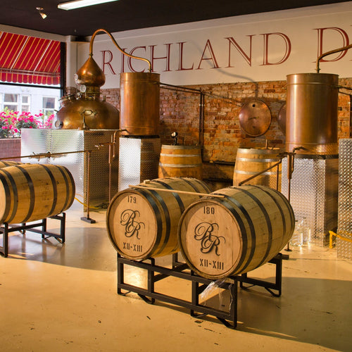Small copper pot stills make high end artisan single estate rum in one of several building in downtown Richland