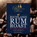 Richland Rum Roast coffee package with coffee beans in the background