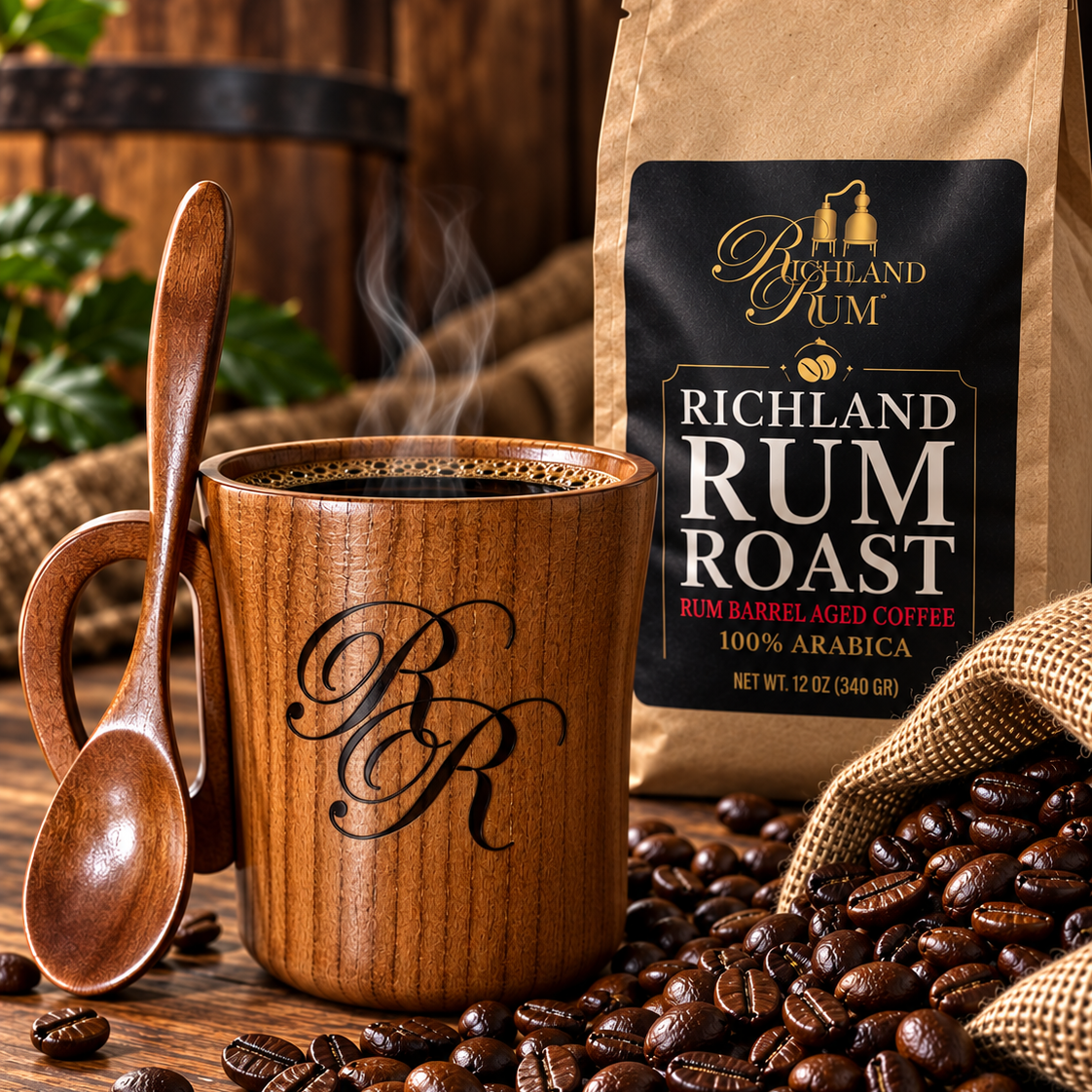 Enjoy Rum Barrel Aged Coffee from a natural wooden cup