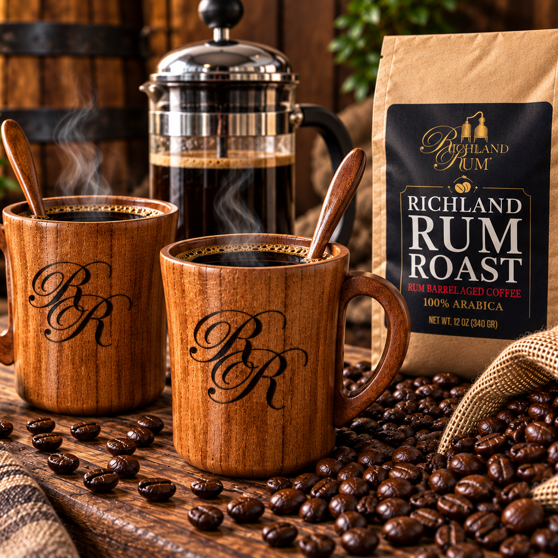 Richland Rum Barrel Aged Coffee made in a French Press enjoyed from natural wooden mugs